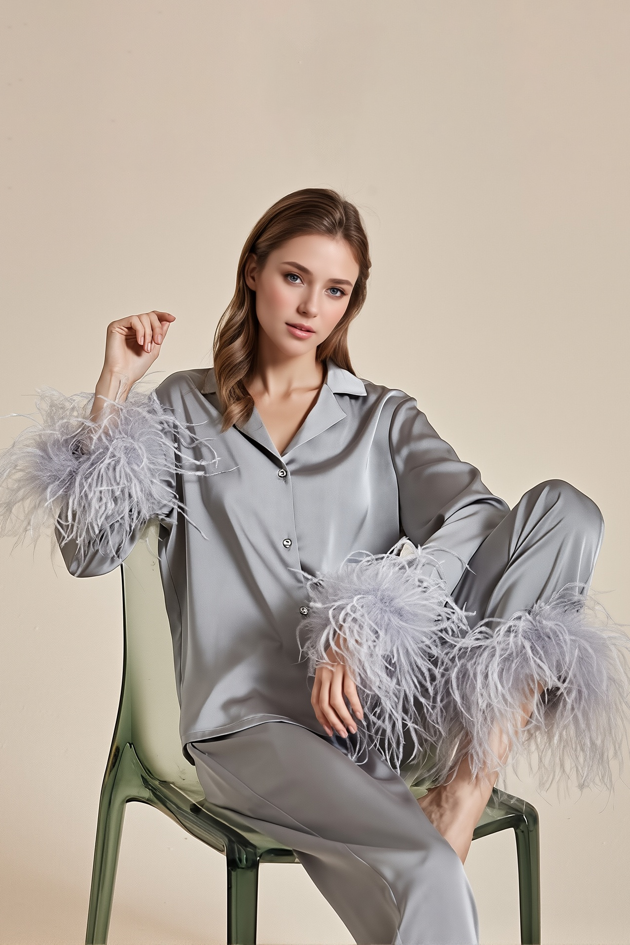 Wedding Pajama Set Pink Lapel Feather Satin Outfit Sets