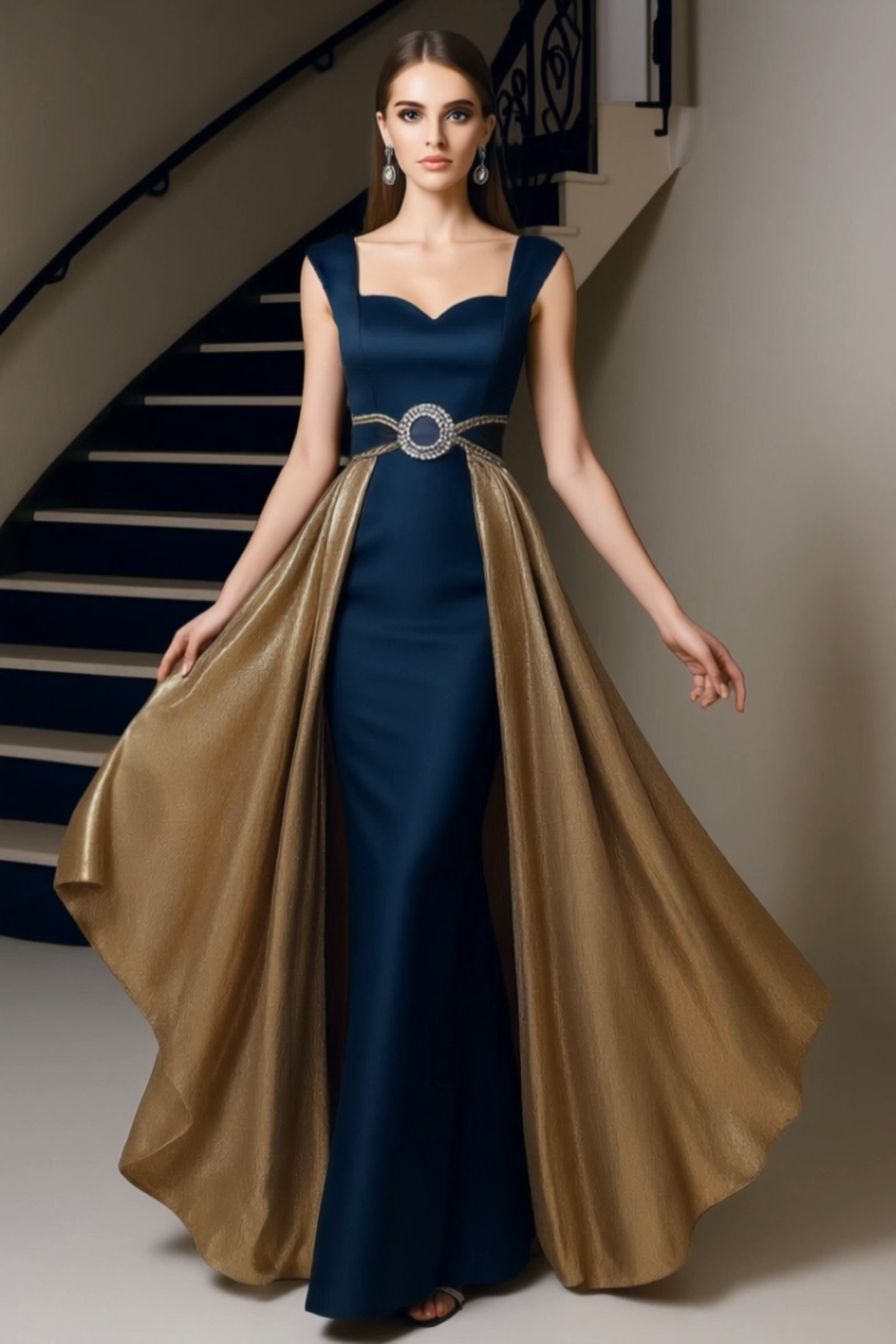 Formal Evening Dress Navy Sweetheart Neck with Train Maxi Dress