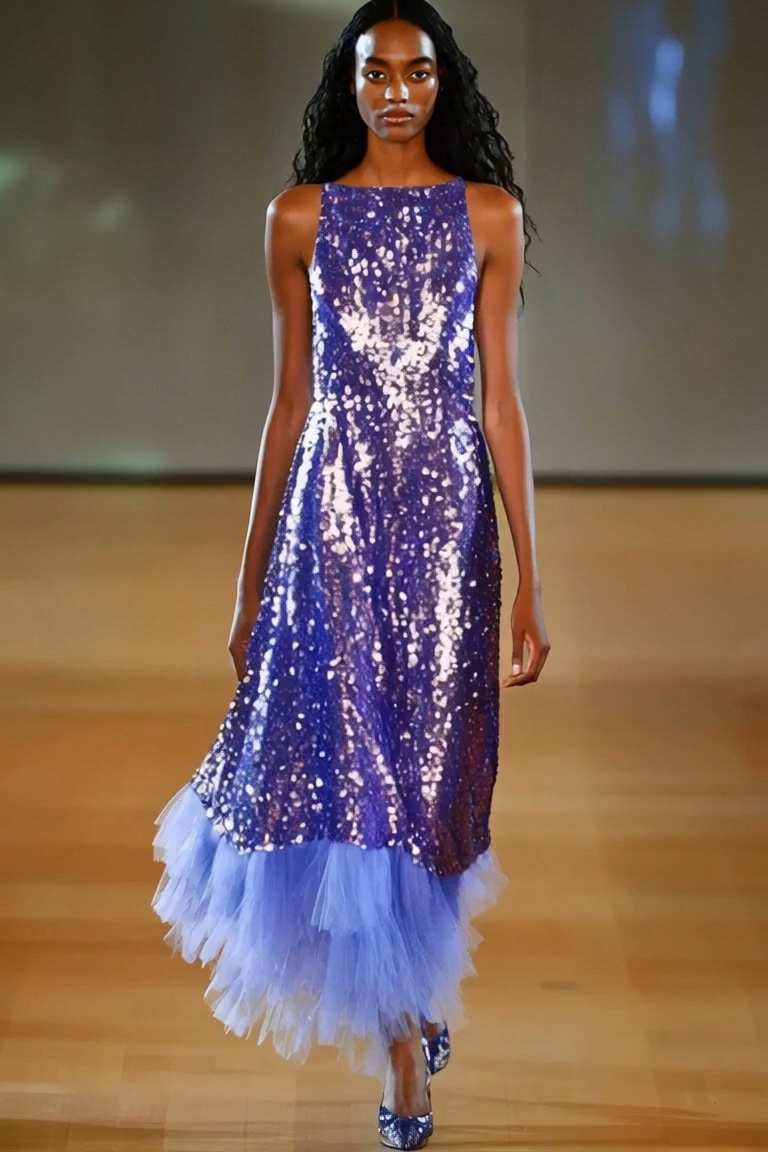 Party Sequin Dress Blue Sleeveless Mesh Panel Multi-Layer Maxi Dress