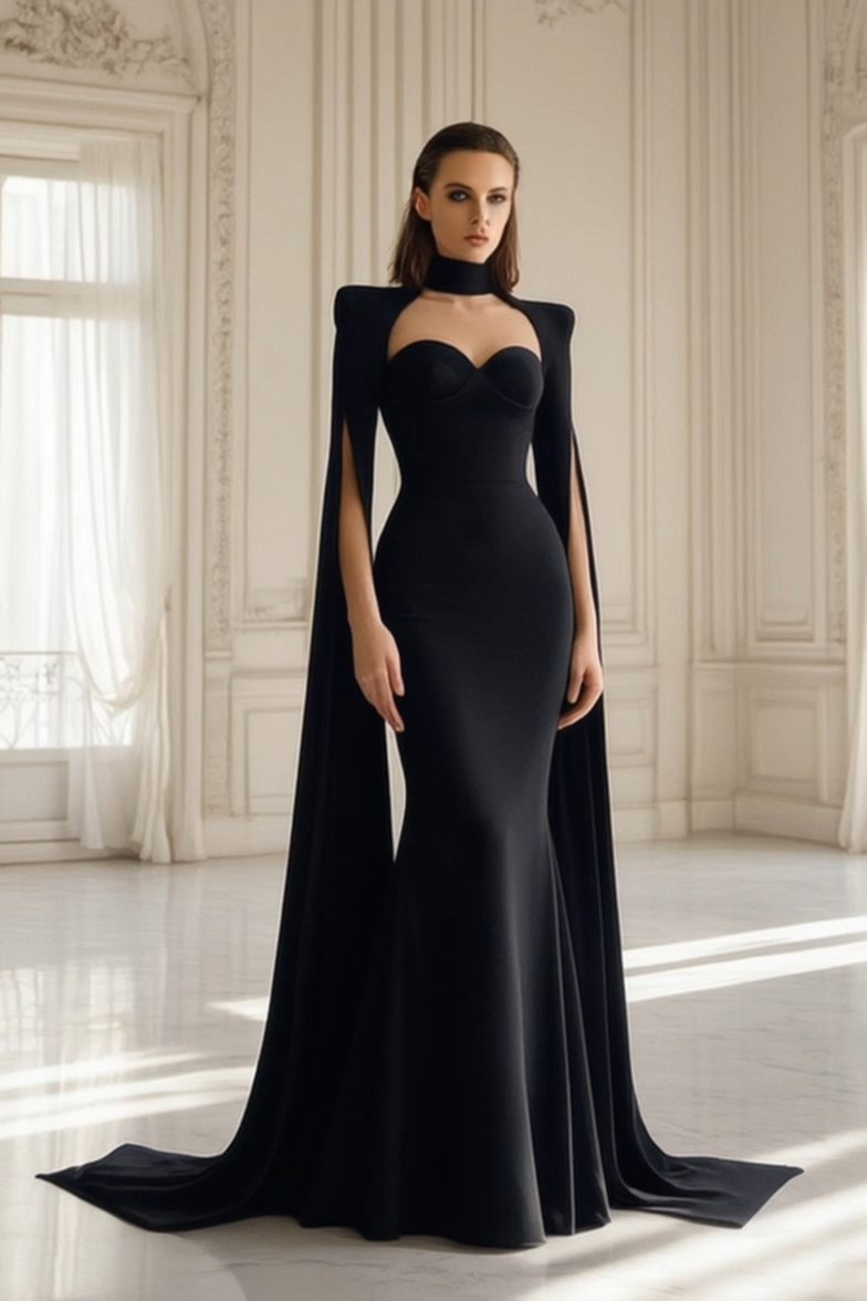 Formal Evening Dress Black Stand Collar Cape Maxi Dress