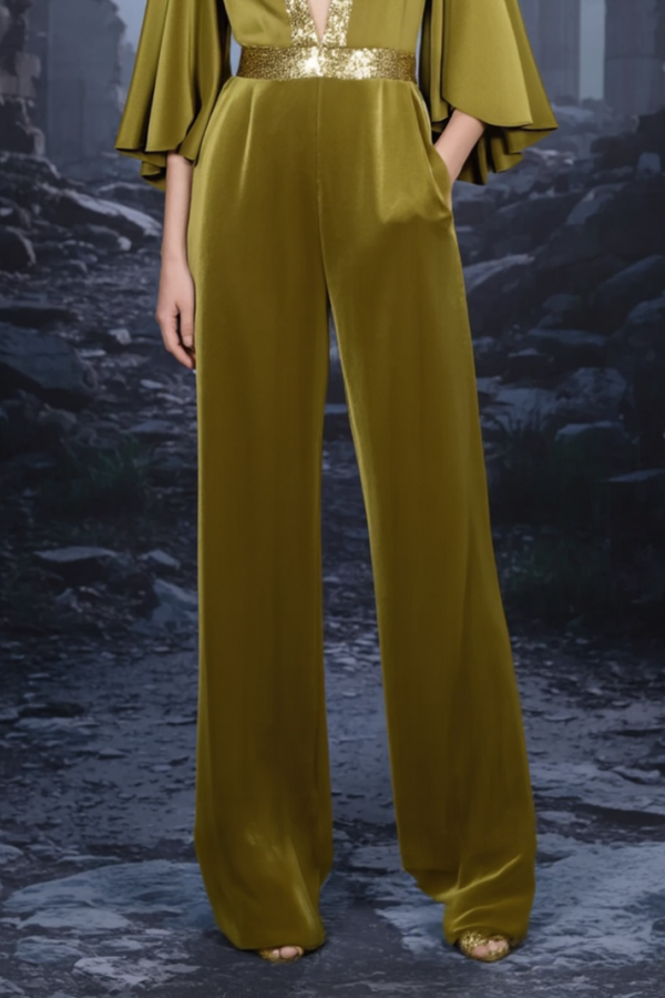 Formal Jumpsuit Green Square Deep V Satin Jumpsuit 