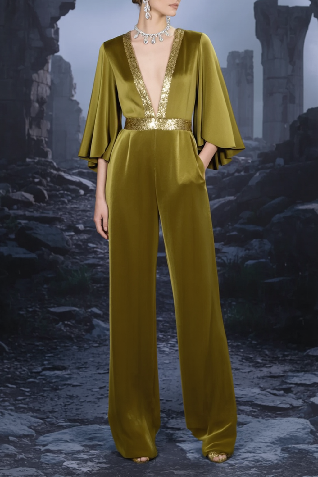 Formal Jumpsuit Green Square Deep V Satin Jumpsuit