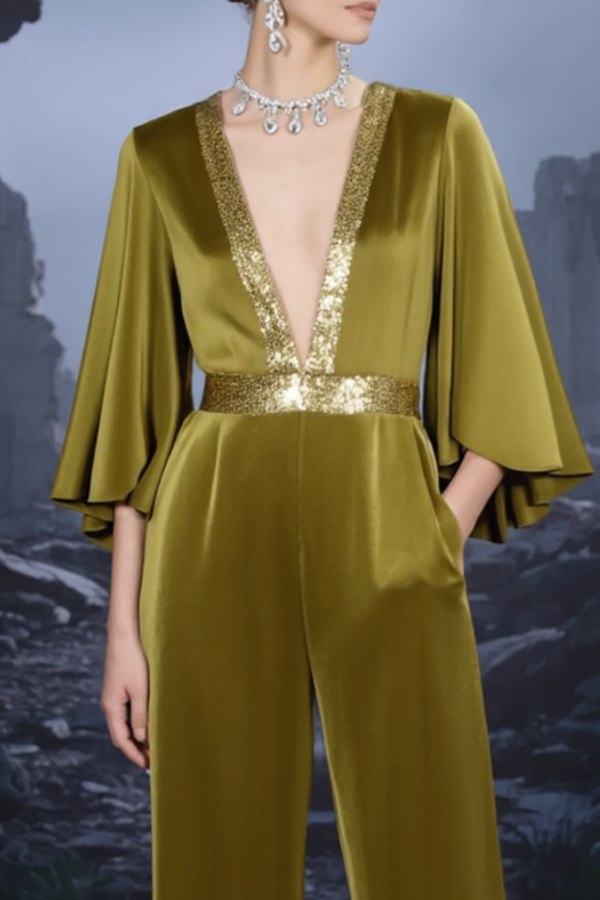 Formal Jumpsuit Green Square Deep V Satin Jumpsuit 