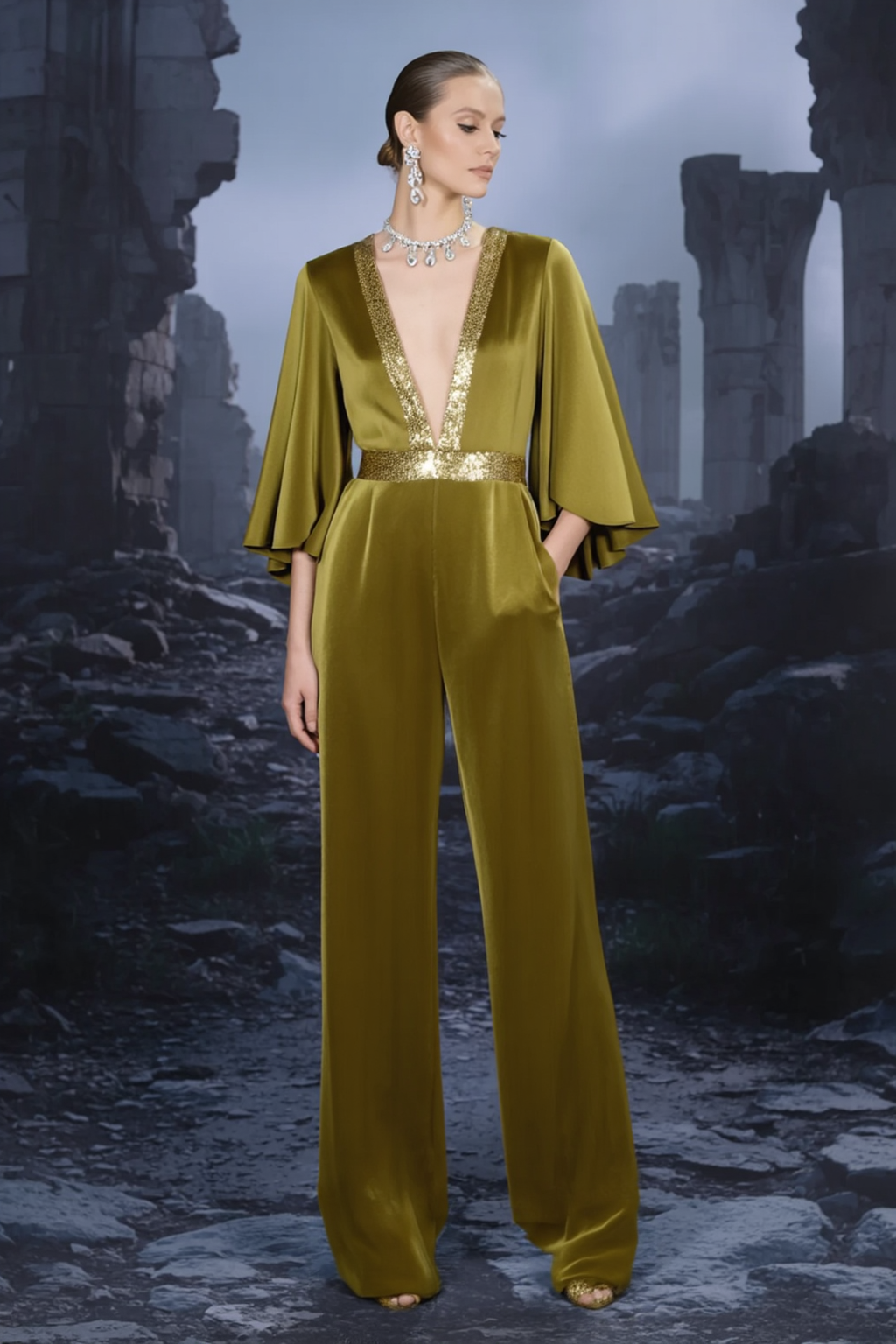 Formal Jumpsuit Green Square Deep V Satin Jumpsuit 