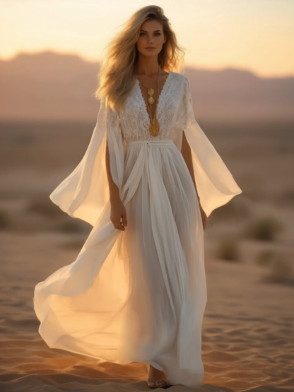 Bohemian Swing Dress White Deep V Lace Maxi Dress