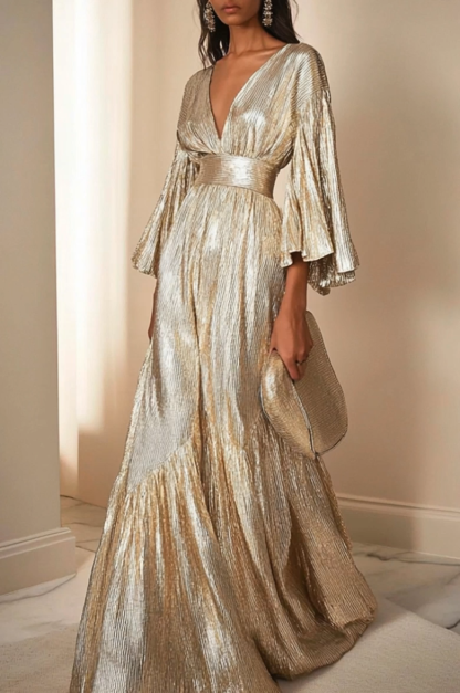 Party Evening Dress Ruffled Deep V Metallic Pleated Maxi Gown