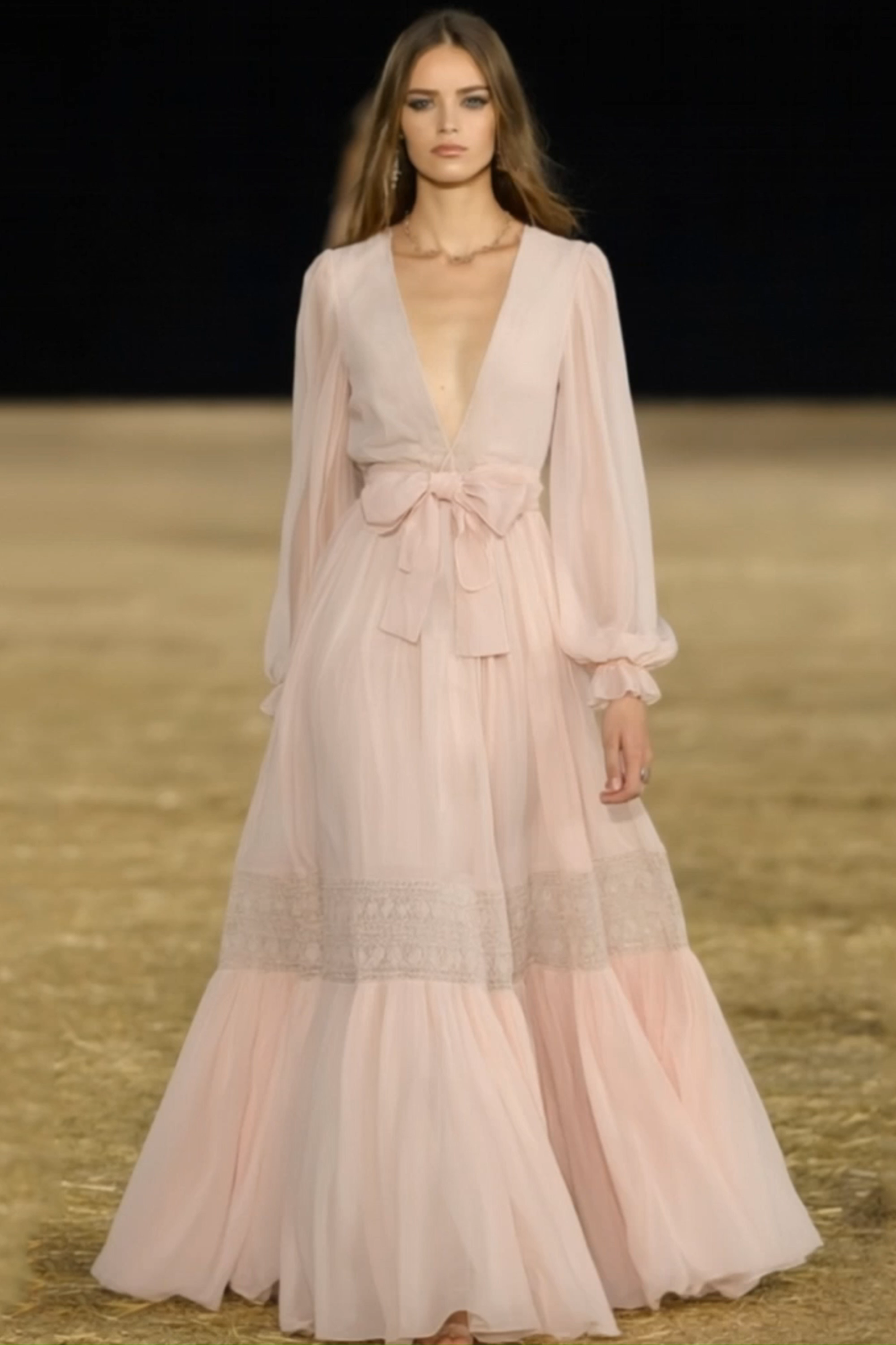 Formal Evening Dress Pink Deep V Bow Lace Maxi Dress