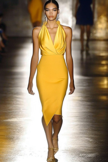 Party Cocktail Yellow Halter V Neck Sleeveless Midi Dress