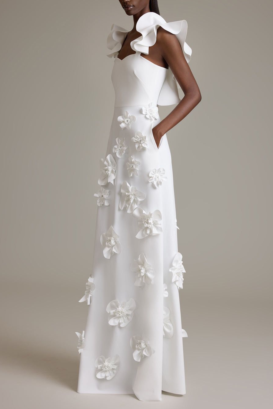 Party Flower Maxi Dress White 3D Flower Dress-chiclody