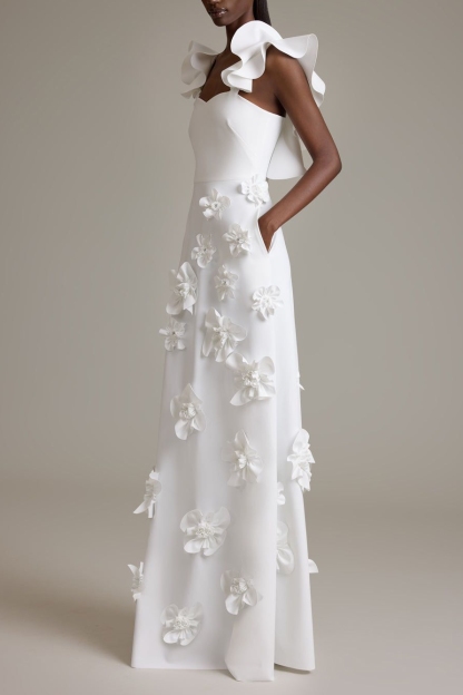 Party Flower Maxi Dress White 3D Flower Dress-chiclody