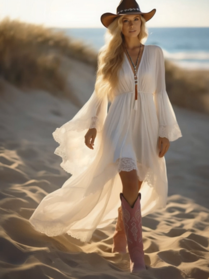 Bohemian Beach Swing Dress White Long Sleeve Plus High Low Maxi Dress