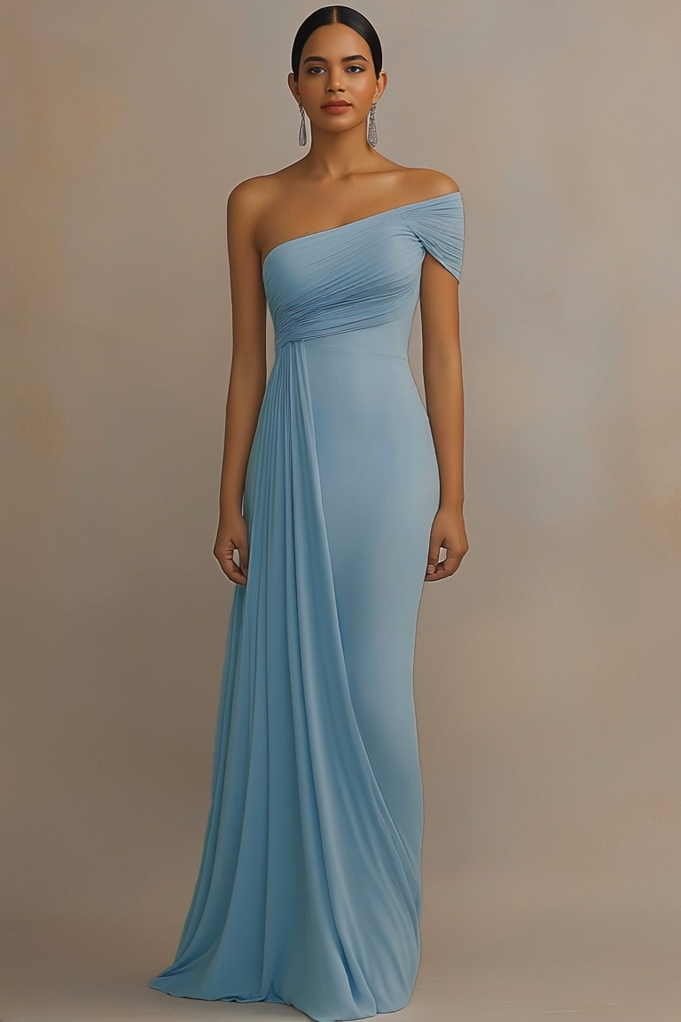 Formal Evening Dress Light Blue One Shoulder Ruched Floor Dress