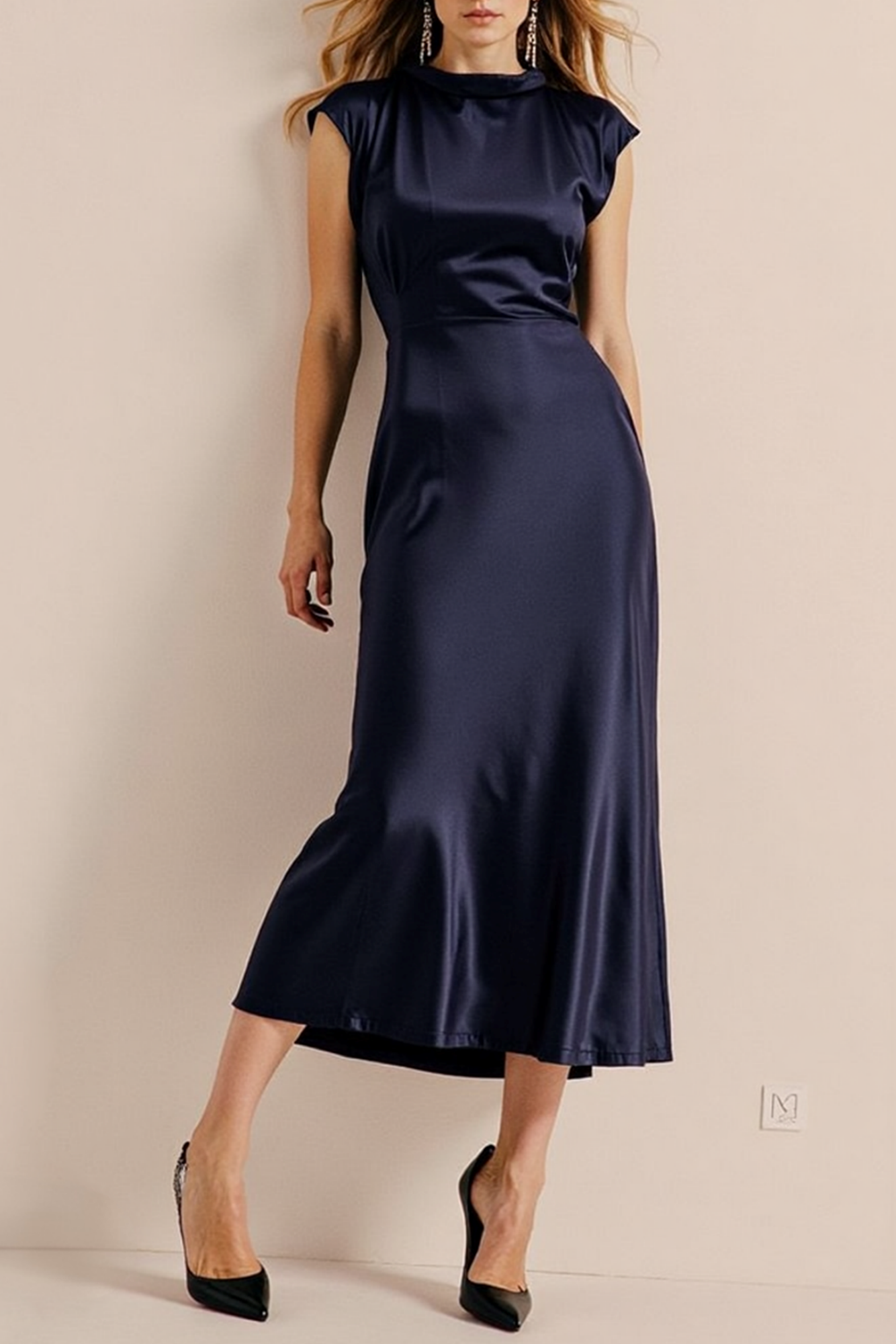 Cocktail Satin Dress Navy Crew Neck Midi Dress