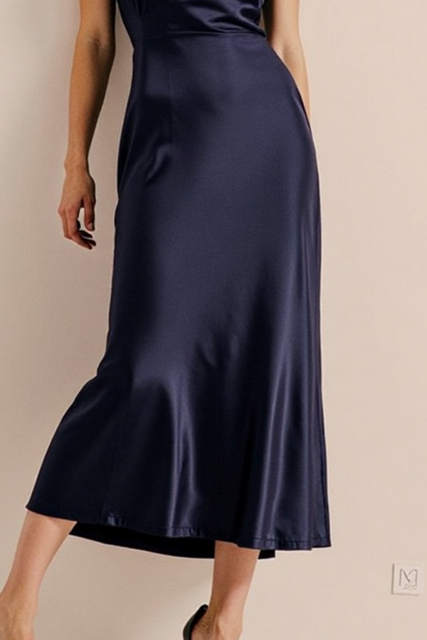 Cocktail Satin Dress Navy Crew Neck Midi Dress
