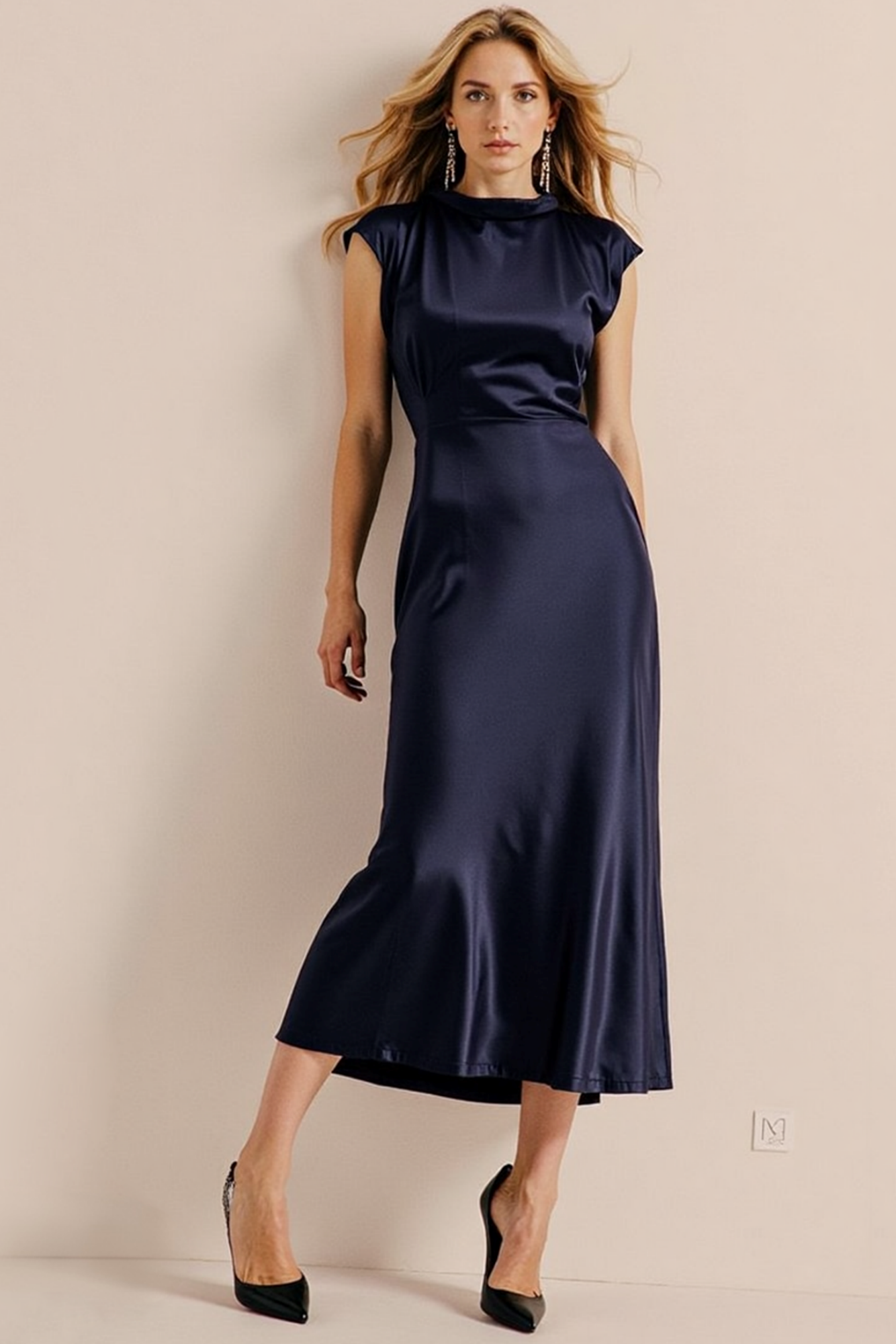Cocktail Satin Dress Navy Crew Neck Midi Dress
