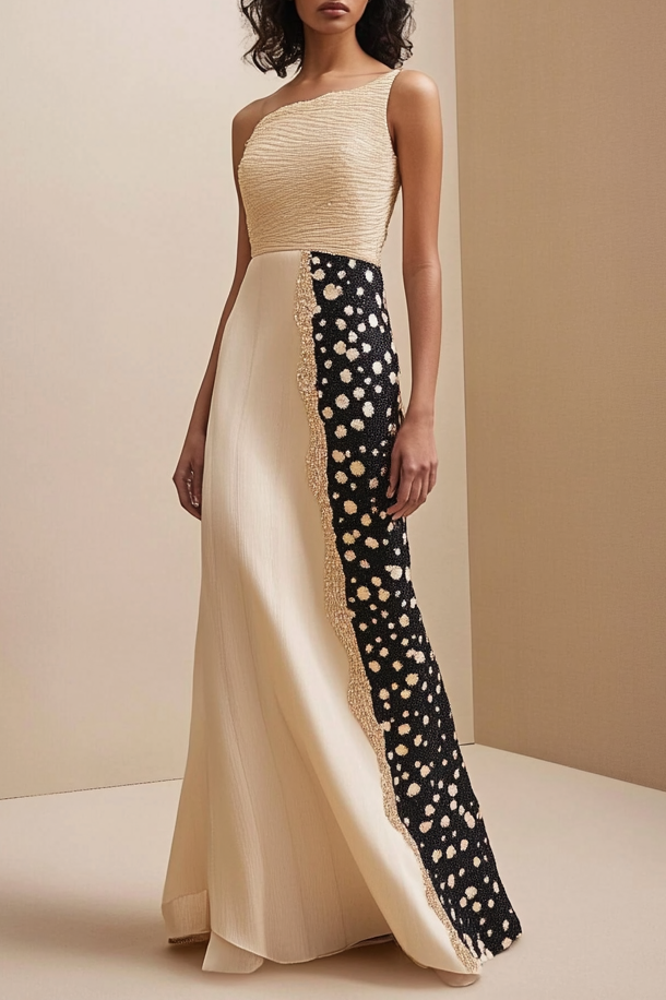Formal Work Party Geometric Black White Spots Modern Milky Maxi Dress