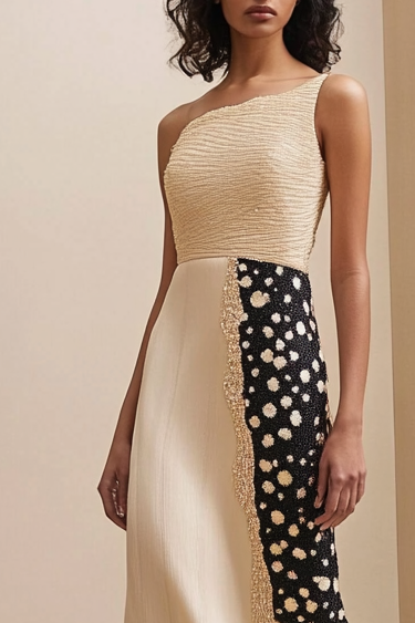 Formal Work Party Geometric Black White Spots Modern Milky Maxi Dress