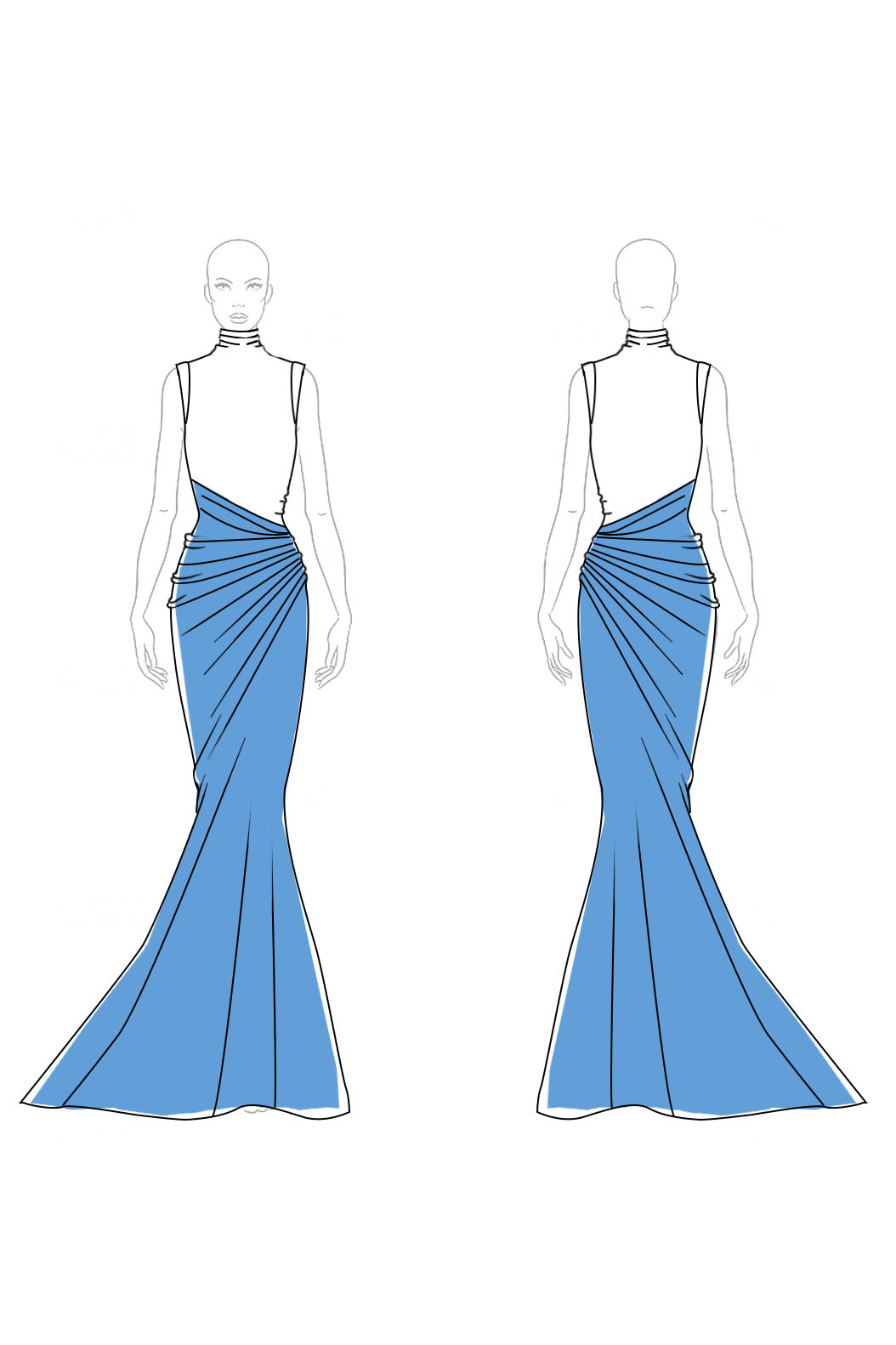 Evening Dress Blue Black Stand Collar Sleeveless Ruched Maxi Dress-chiclody
