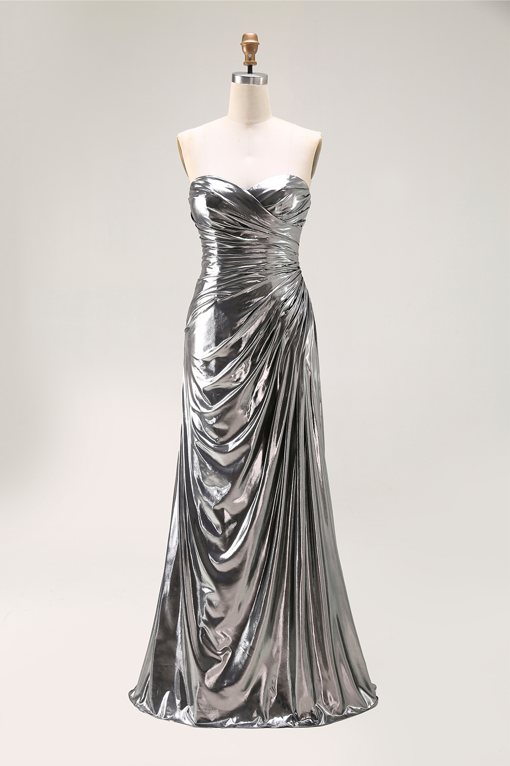 Evening Formal Dress Strapless Silver Strapless Pleated Maxi Dress