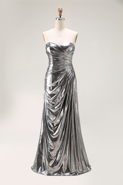 Evening Formal Dress Strapless Silver Strapless Pleated Maxi Dress