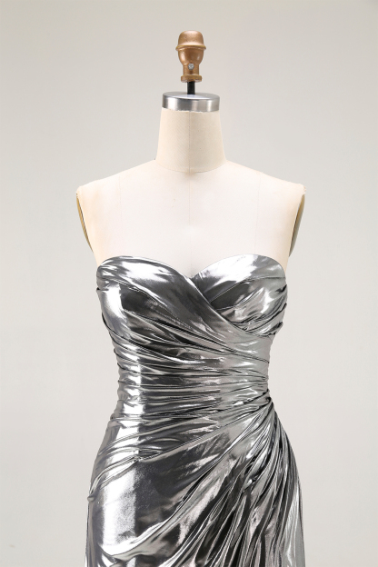 Evening Formal Dress Strapless Silver Strapless Pleated Maxi Dress