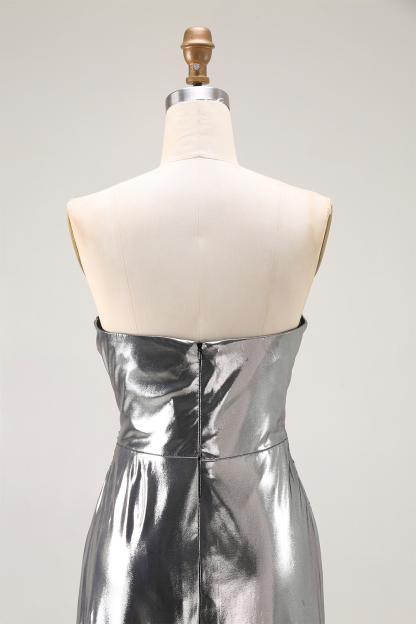 Evening Formal Dress Strapless Silver Strapless Pleated Maxi Dress