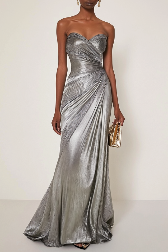 Party V Neck Silver Silk Ruffles Strapless Maxi Dress