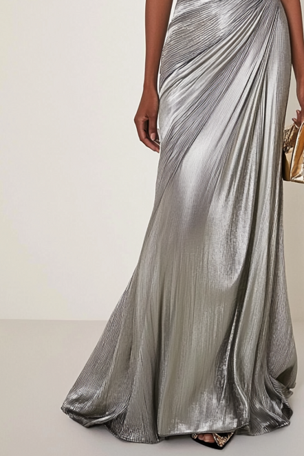 Party V Neck Silver Silk Ruffles Strapless Maxi Dress