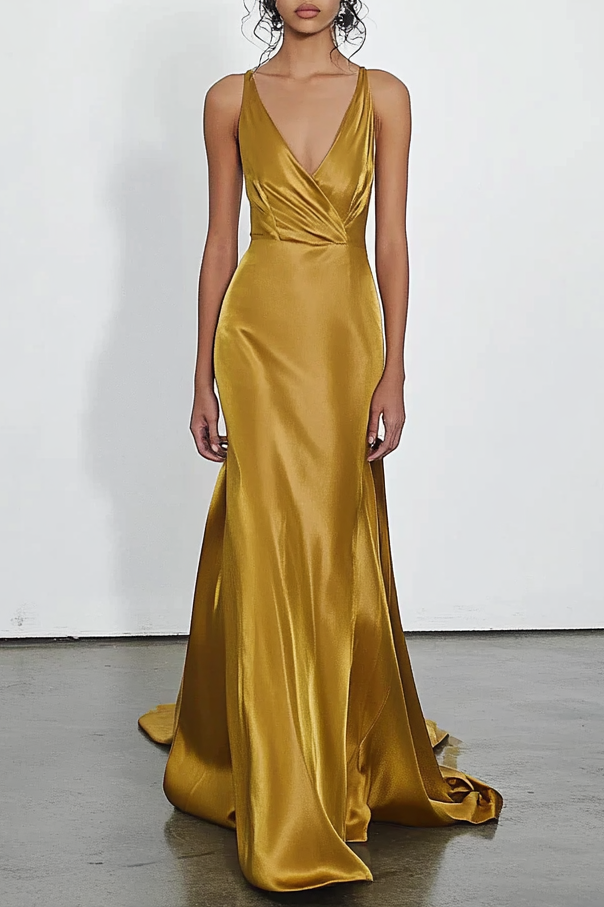 Formal Party Business Work Velvet V Neck Ruffle Maxi Sloping Shoulder 