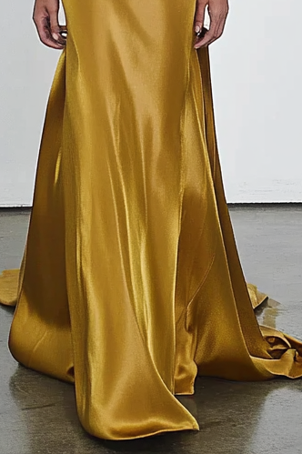 Formal Party Work V Neck Gold Satin Ruffle Maxi Dress