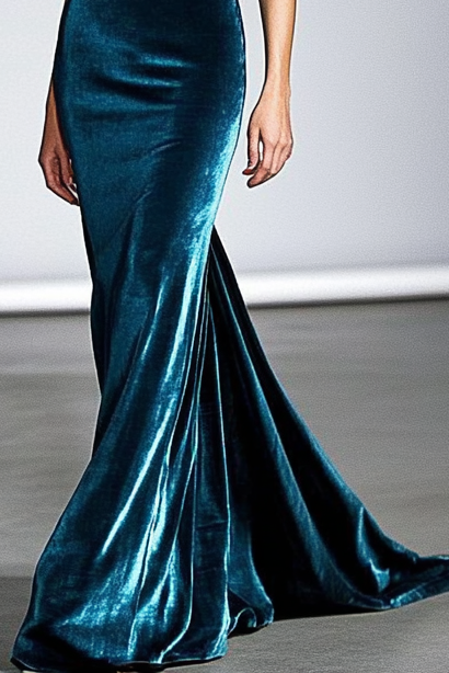 Formal Elegant Party DarkBlue Deep Velvet Fishtail Maxi Dress