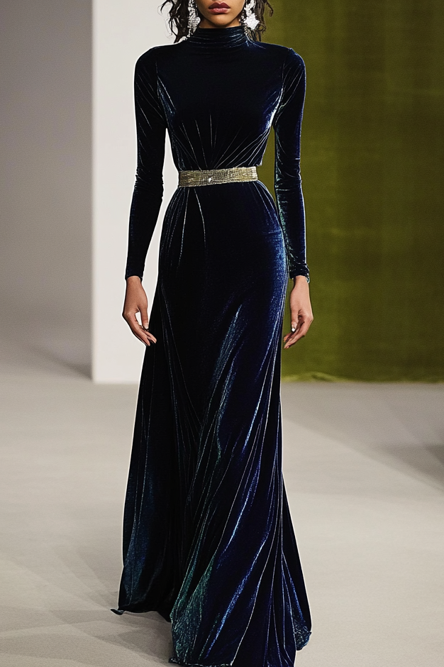 Formal Party Business Work Velvet V Neck Ruffle Maxi Sloping Shoulder