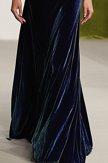 Daily Elegant High-Neck Velvet Deep Purple Gold Belt Long Sleeve Maxi Dress