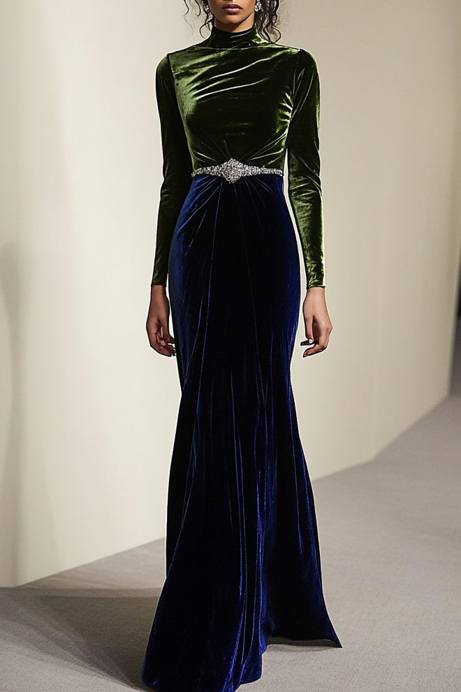 Formal Party Business Work Velvet V Neck Ruffle Maxi Sloping Shoulder