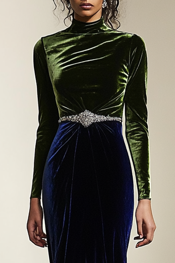Daily Exquisite High-Neck Deep Blue Green Silver Belt Ruffle Long Sleeve Maxi Dress