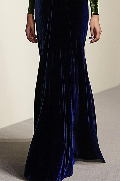 Daily Exquisite High-Neck Deep Blue Green Silver Belt Ruffle Long Sleeve Maxi Dress
