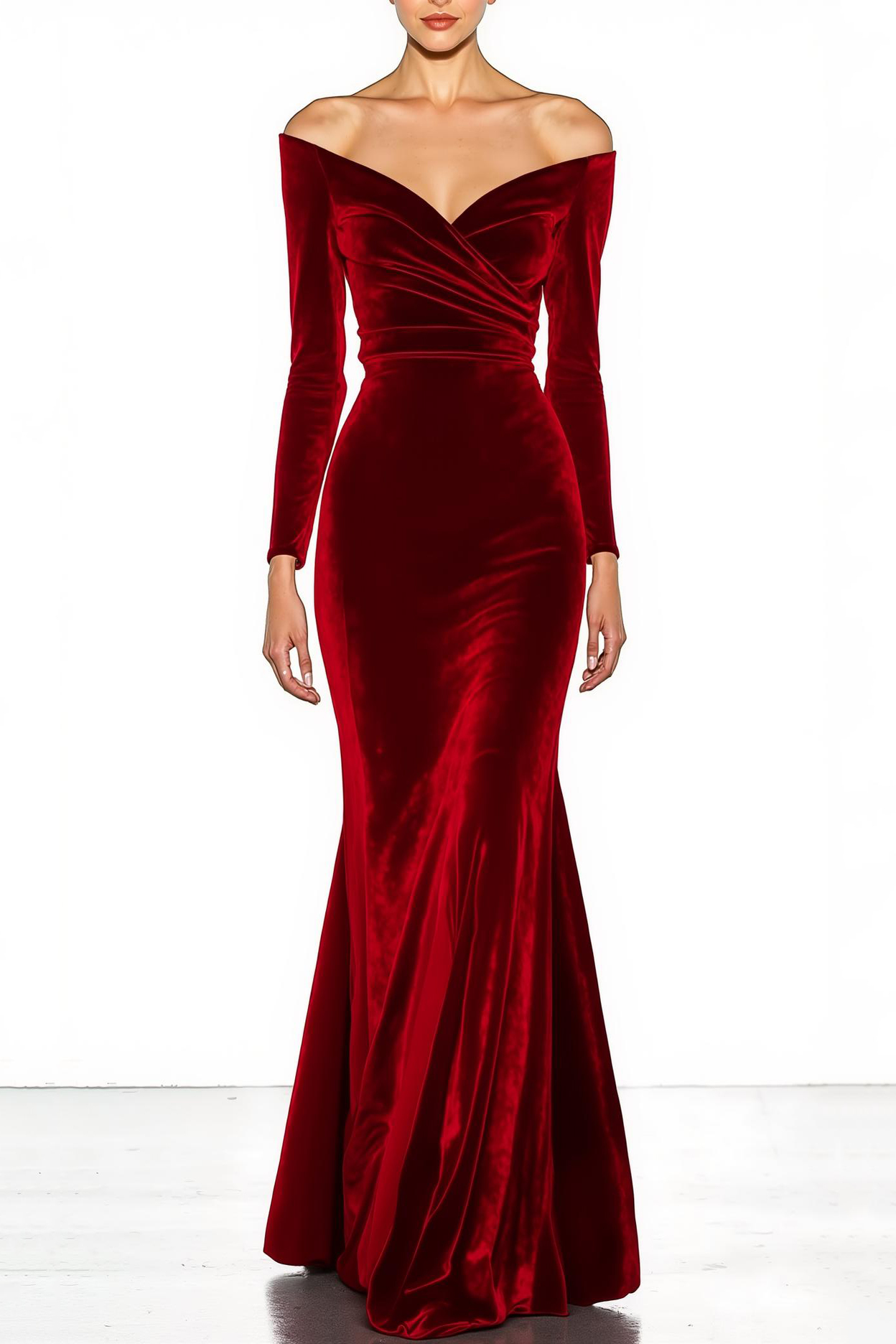 Formal Evening Dress Blue Velvet Off The Shoulder Long Sleeve Maxi Dress