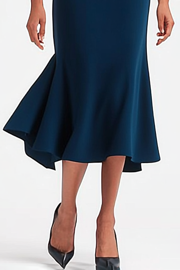 Dark Blue Work Party Fishtail Boat Neck Midi Dress