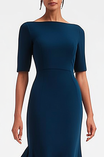 Dark Blue Work Party Fishtail Boat Neck Midi Dress