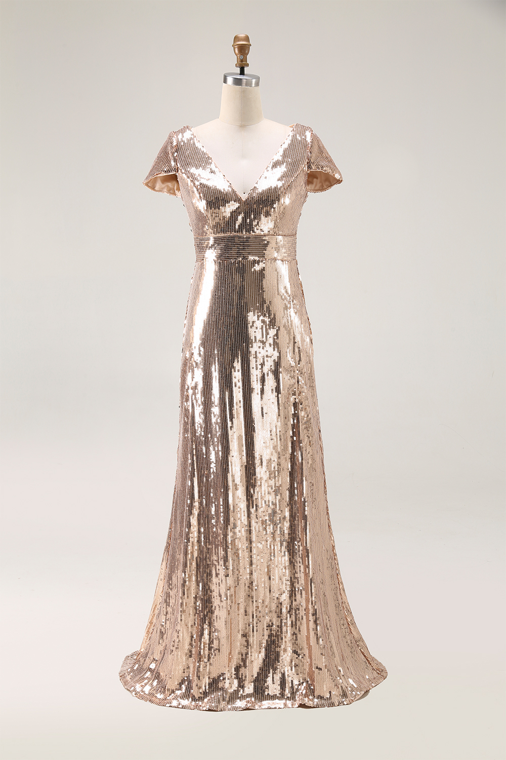 Formal Evening Gold V-Neck Sequins Maxi Dress