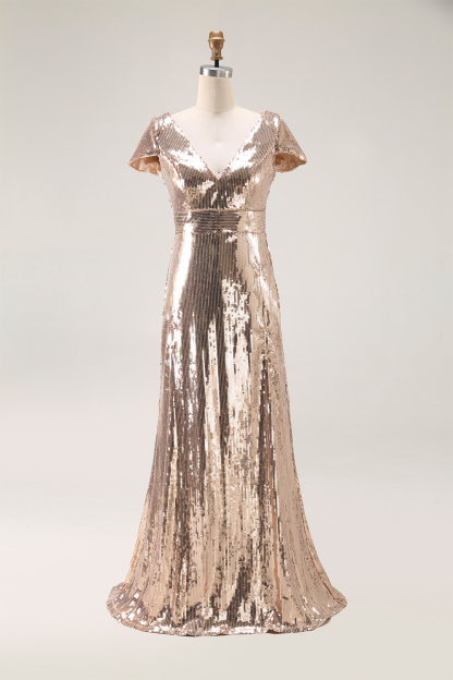 Formal Evening Gold V-Neck Sequins Maxi Dress