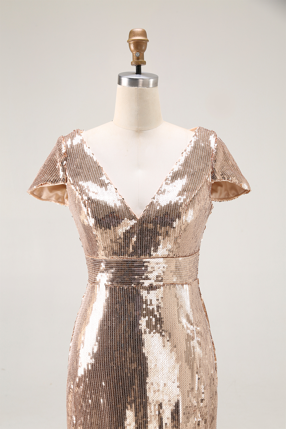 Formal Evening Gold V-Neck Sequins Maxi Dress