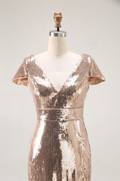 Formal Evening Gold V-Neck Sequins Maxi Dress