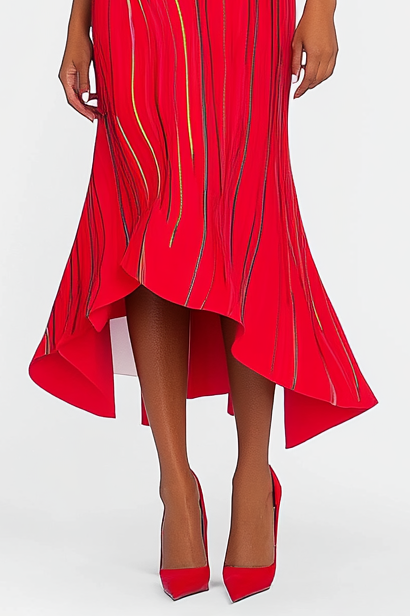 Formal Party Work Red Crew Boat Gold Silver Line Fishtail Midi Dress