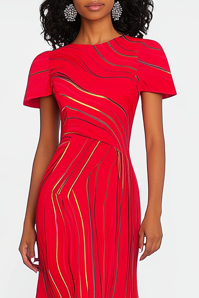 Formal Party Work Red Crew Boat Gold Silver Line Fishtail Midi Dress