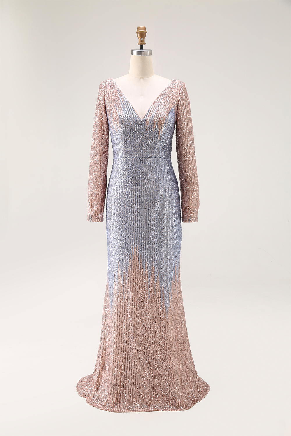Formal Evening V Neck Gradient Blue Gold Sequin Maxi Dress