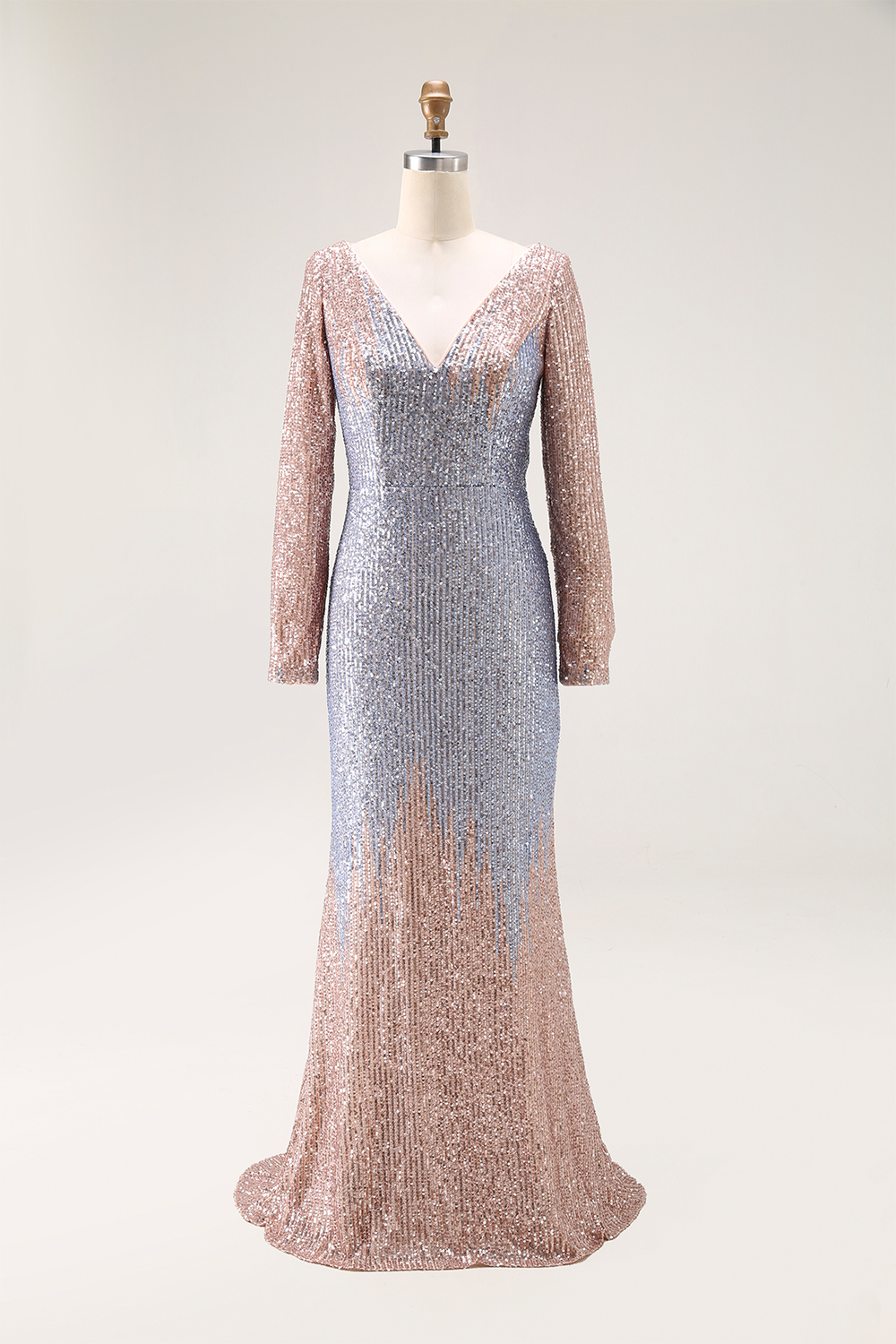 Formal Evening V Neck Gradient Blue Gold Sequin Maxi Dress