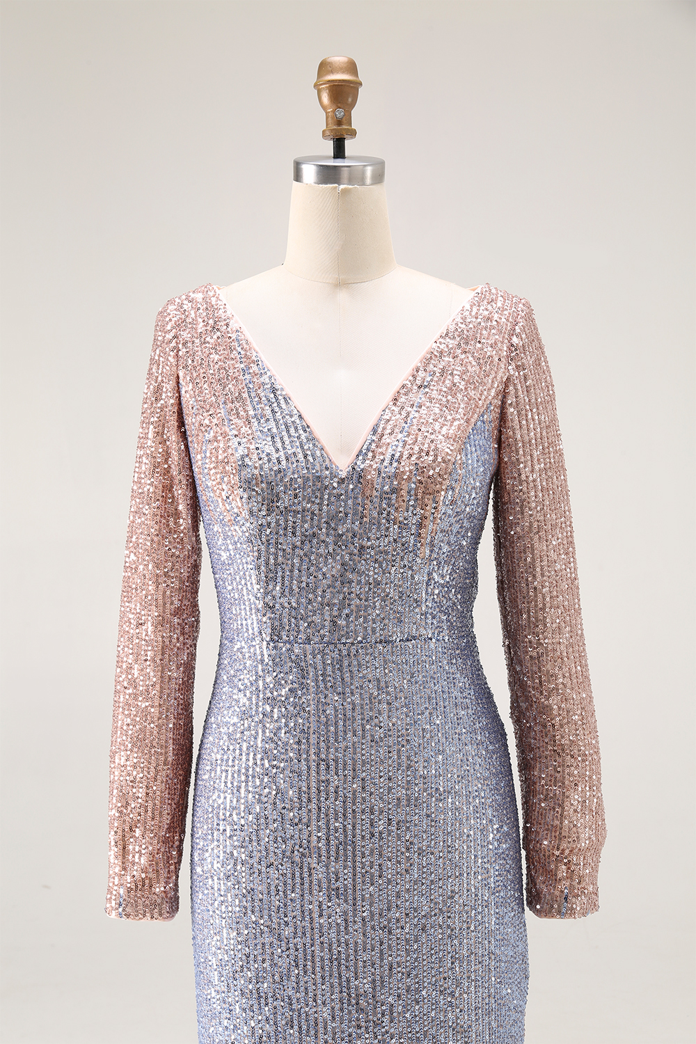 Formal Evening V Neck Gradient Blue Gold Sequin Maxi Dress