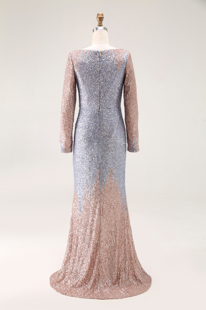 Formal Evening V Neck Gradient Blue Gold Sequin Maxi Dress