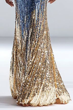 Formal Party Work Wedding V Neck Gradient Blue Gold Sequin Maxi Dress